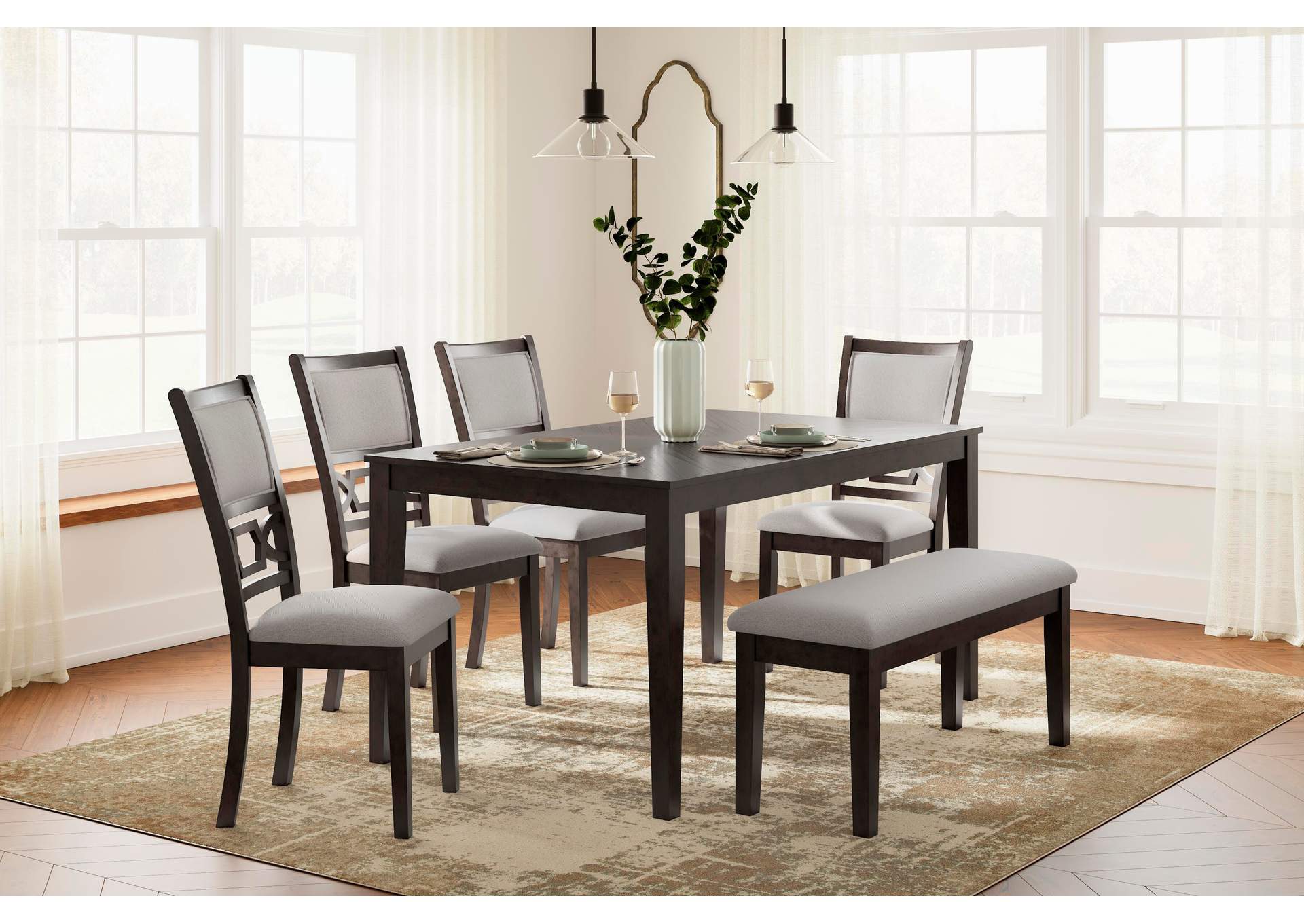 Langwest Dining Table and 4 Chairs and Bench (Set of 6)