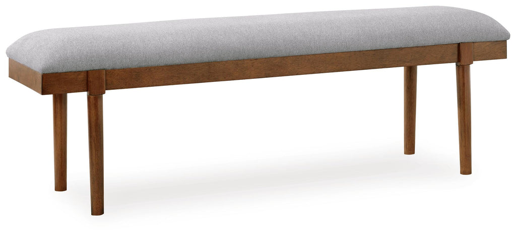 Lyncott 59" Upholstered Dining Bench in Gray/Brown, angle view