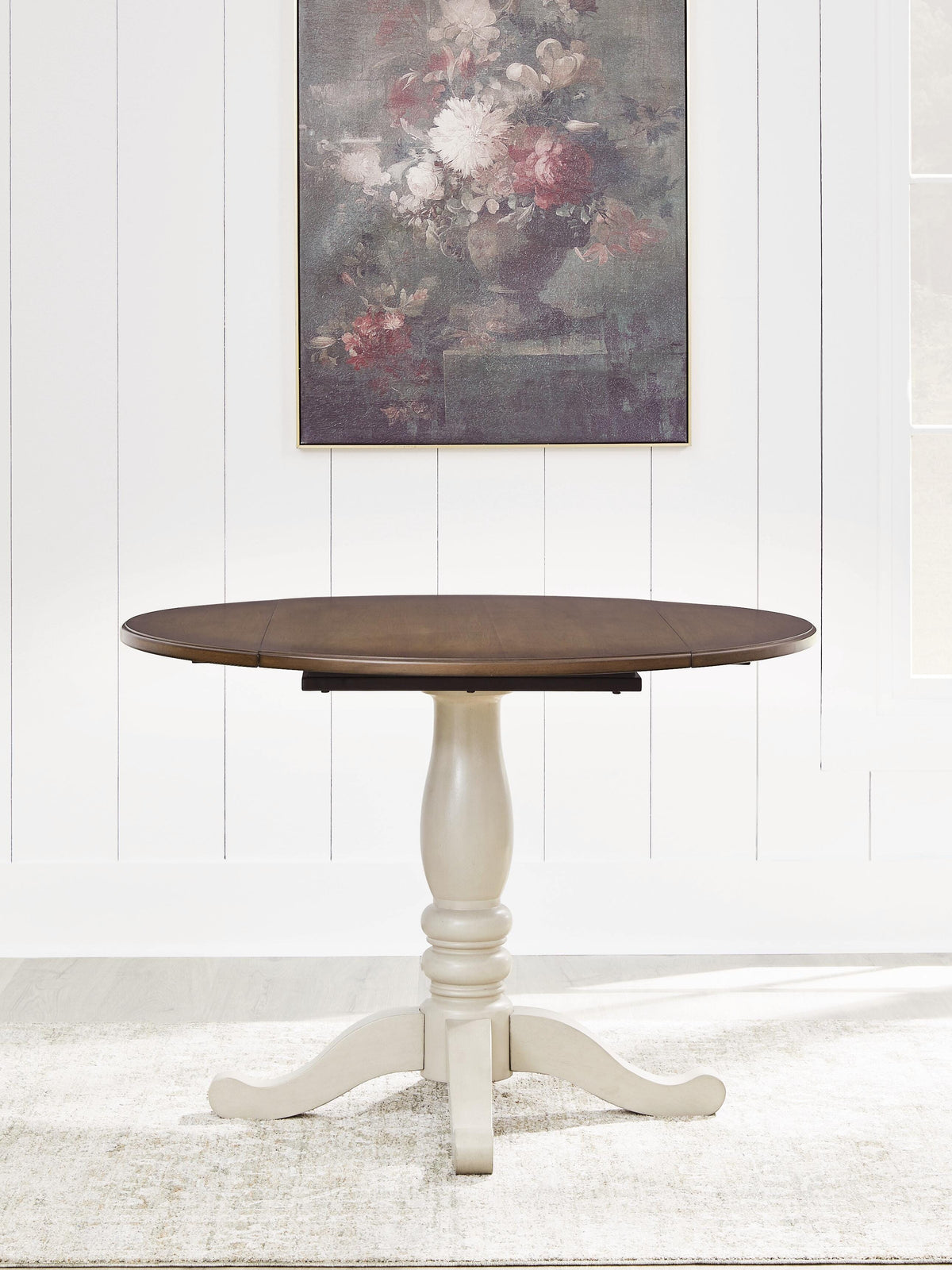 Wirloni Dining Drop Leaf Table in Antique White/Brown, lifestyle view