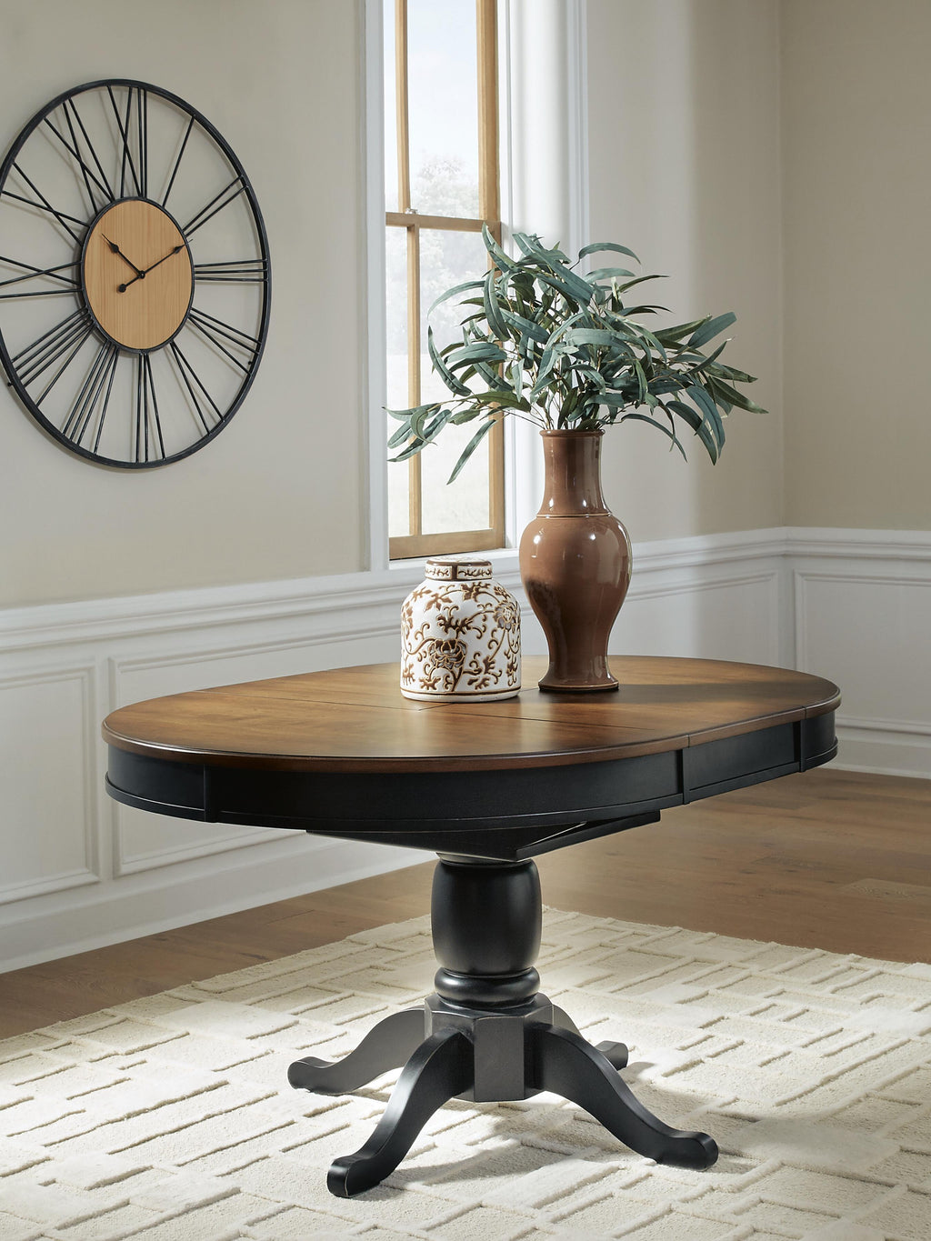 Clorazi Dining Butterfly Extension Table in Black/Brown, lifestyle view