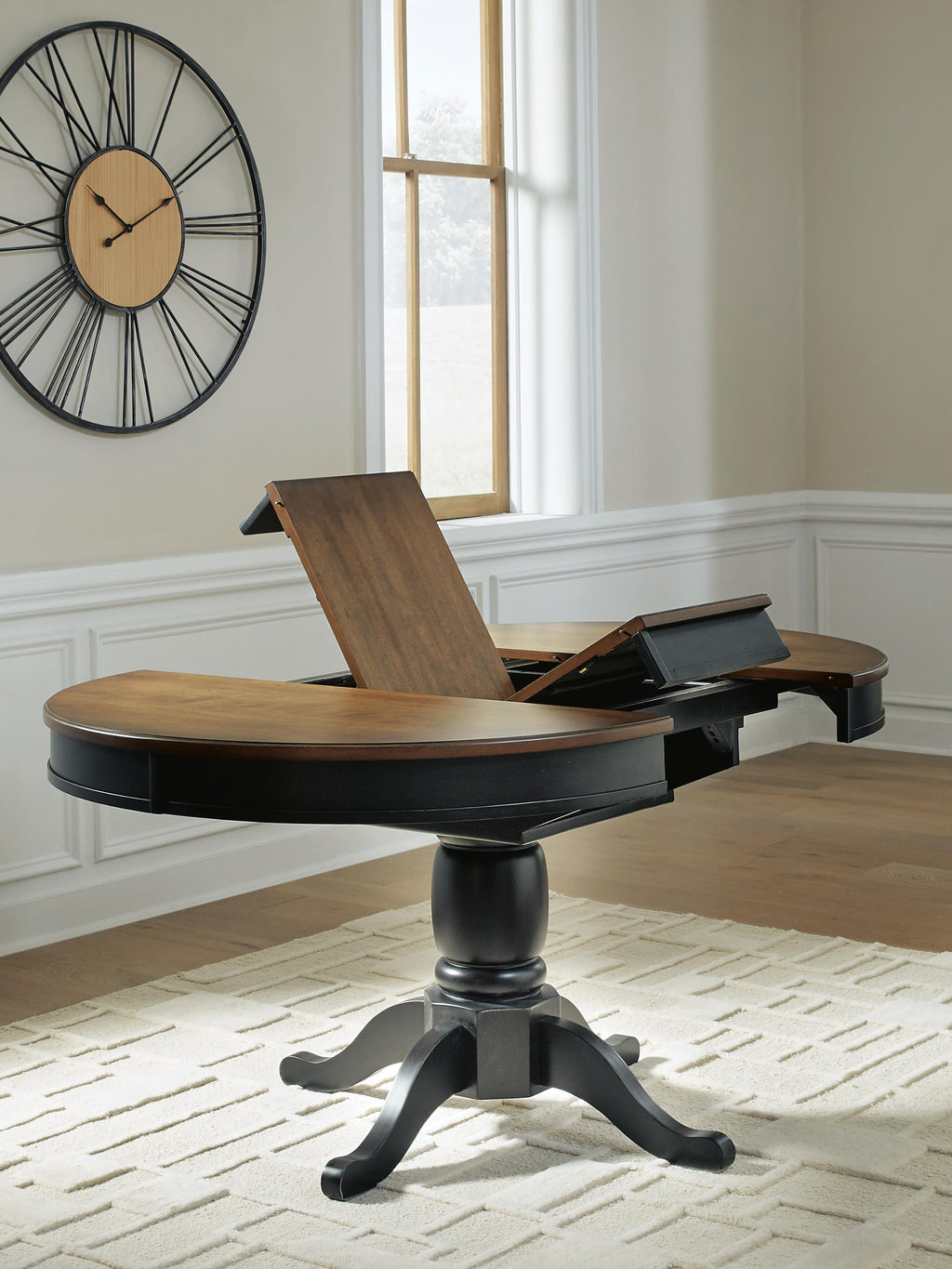 Clorazi Dining Butterfly Extension Table in Black/Brown, lifestyle view
