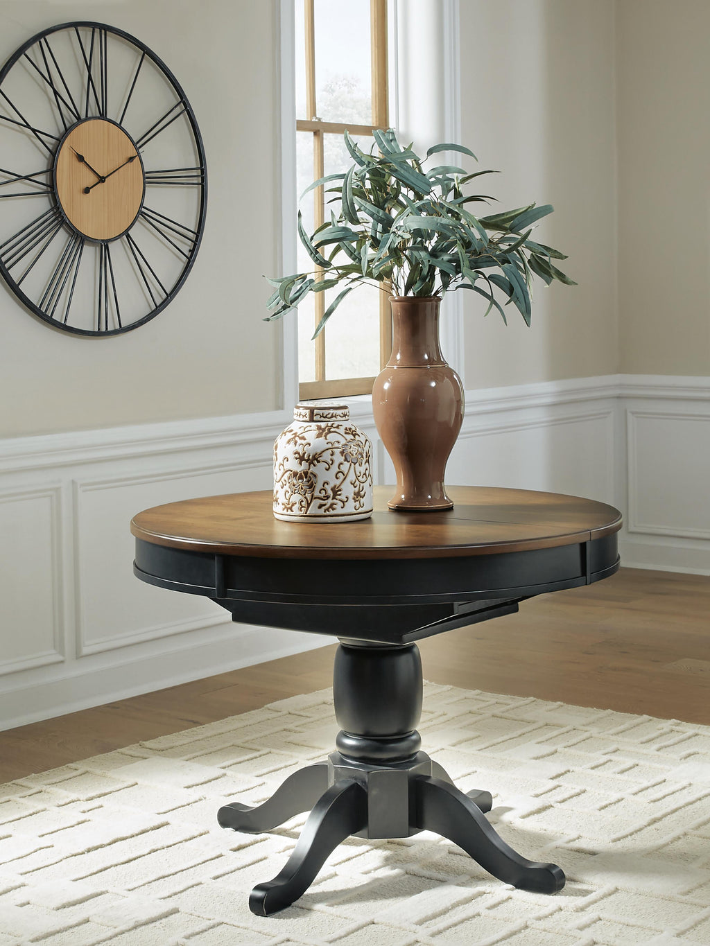 Clorazi Dining Butterfly Extension Table in Black/Brown, lifestyle view