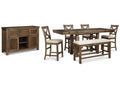Moriville Counter Height Dining Table and 4 Bar Stools and Bench and Storage Set