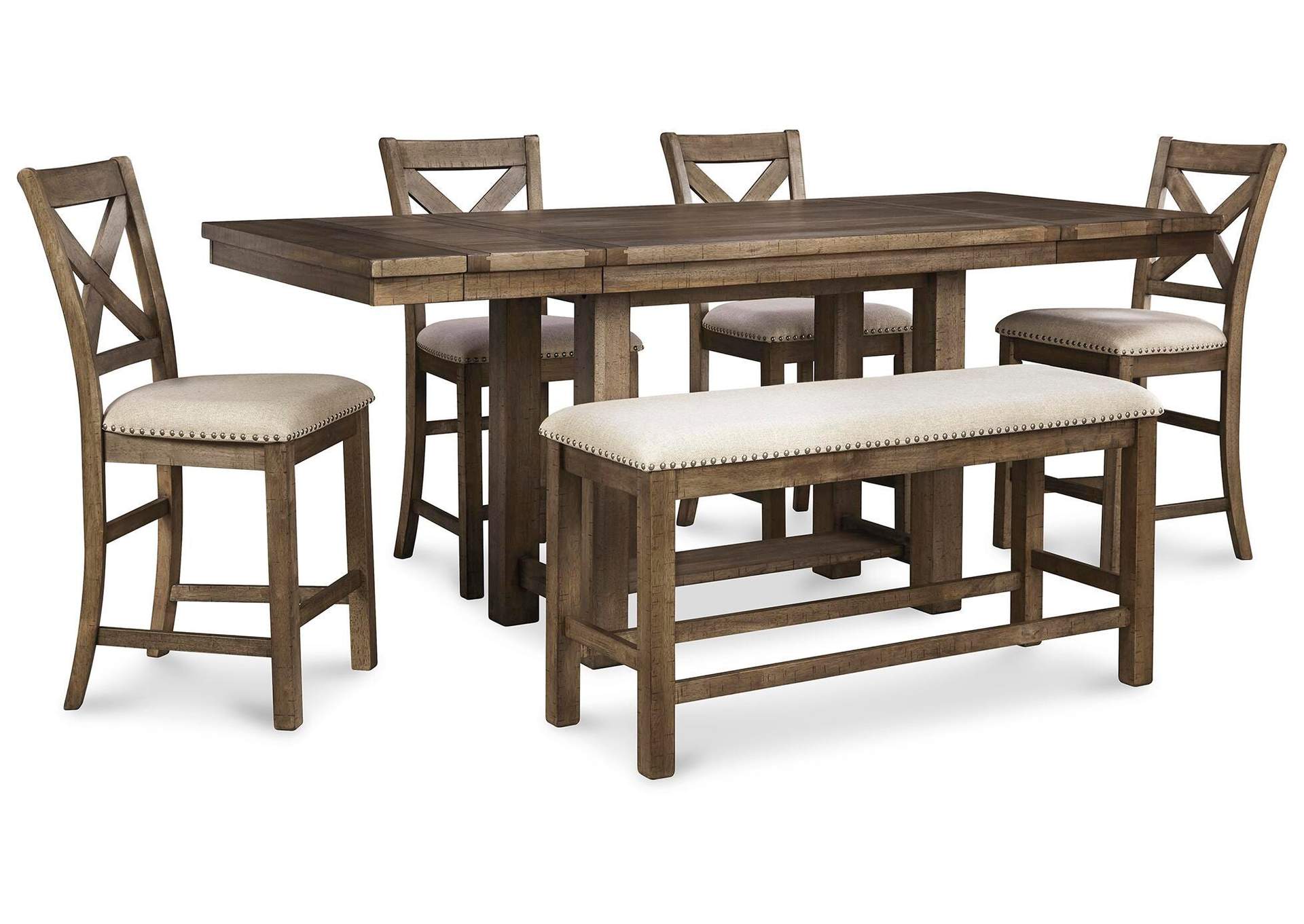Moriville Counter Height Dining Table and 4 Bar Stools and Bench Set