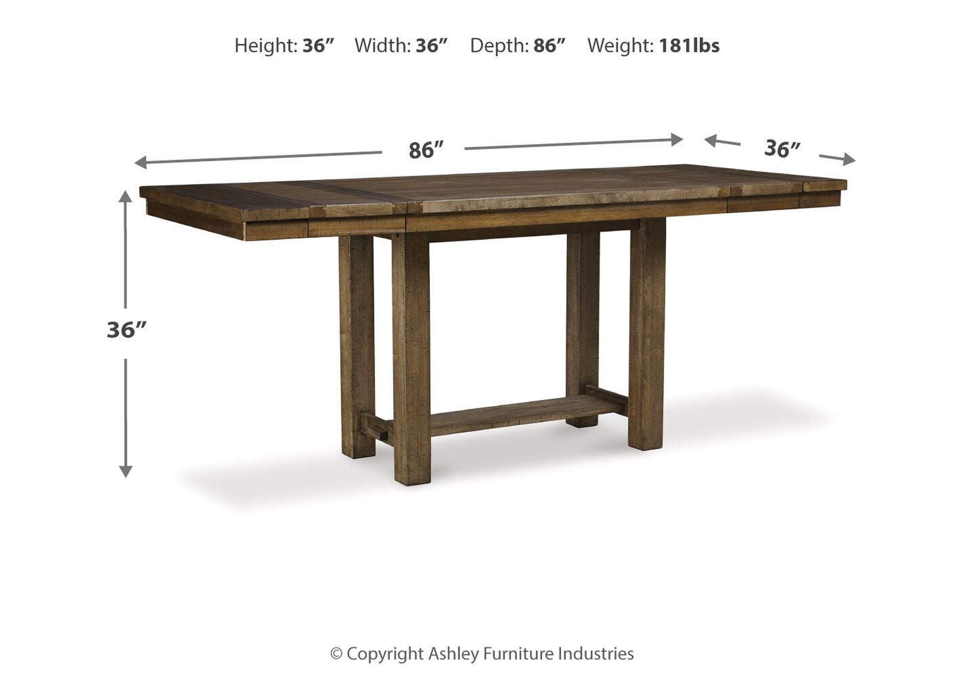 Moriville Counter Height Dining Table and 4 Barstools with Storage Set dimensions