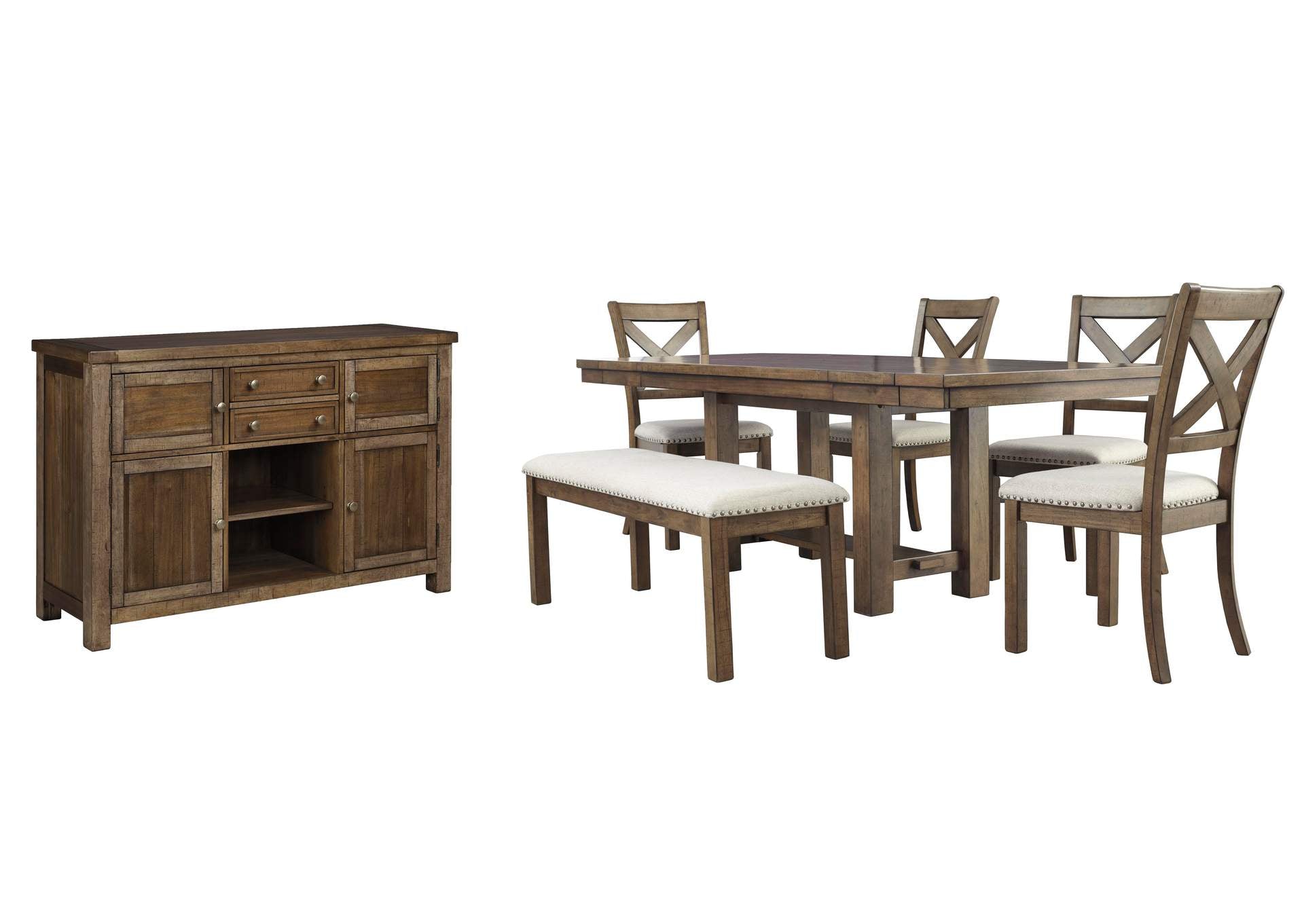 Moriville Dining Table and 4 Chairs and Bench with Storage Set