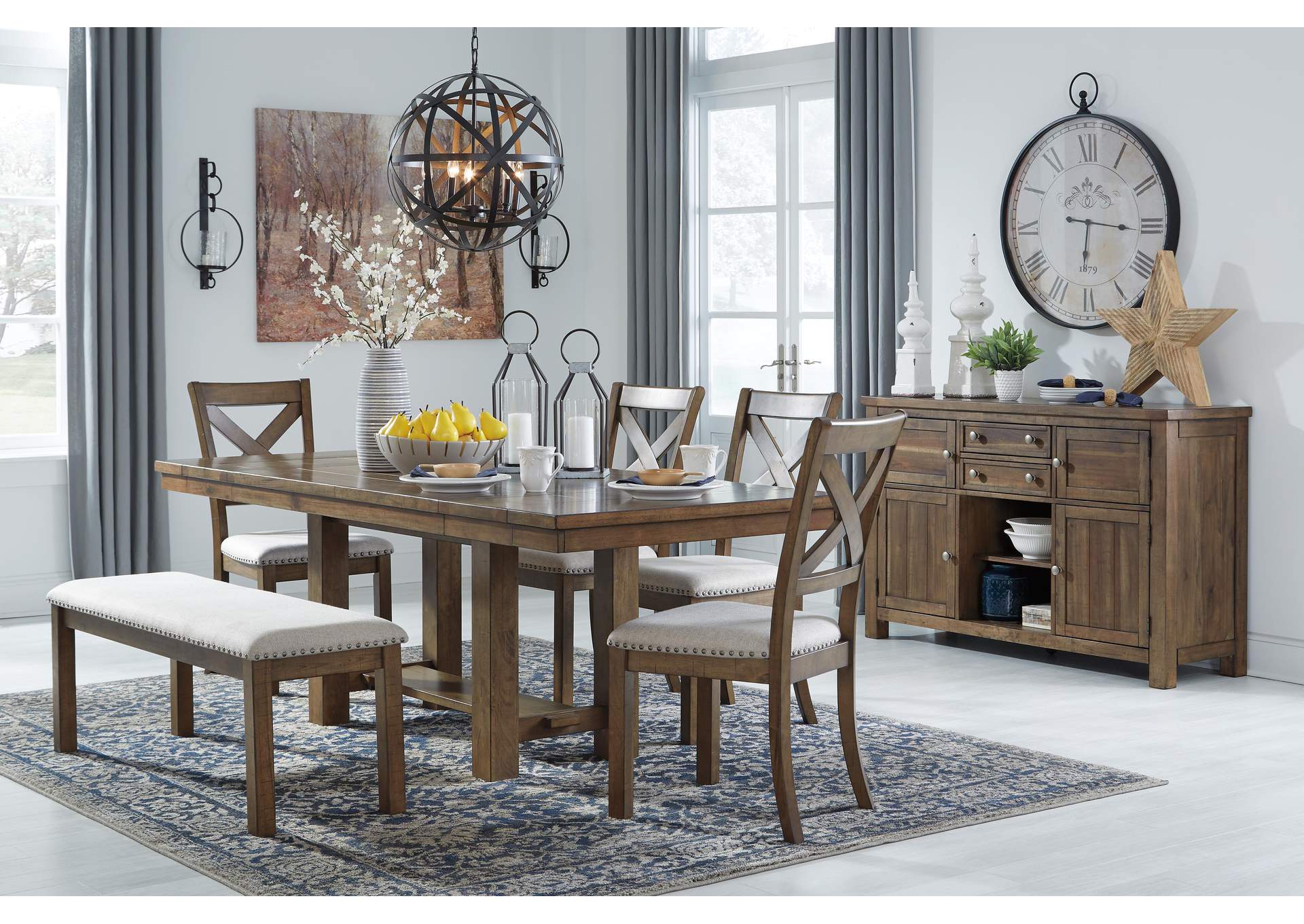 Moriville Dining Table and 4 Chairs and Bench with Storage Set