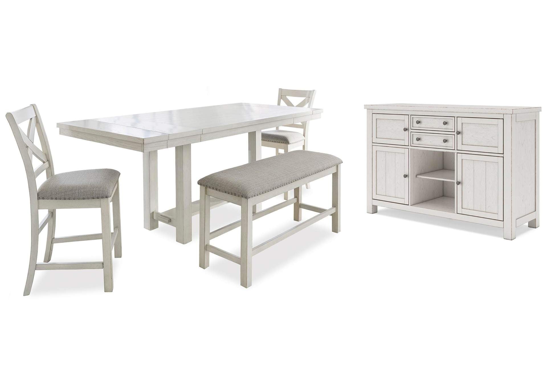 Robbinsdale Counter Height Dining Table, 2 Barstools, Bench and Server