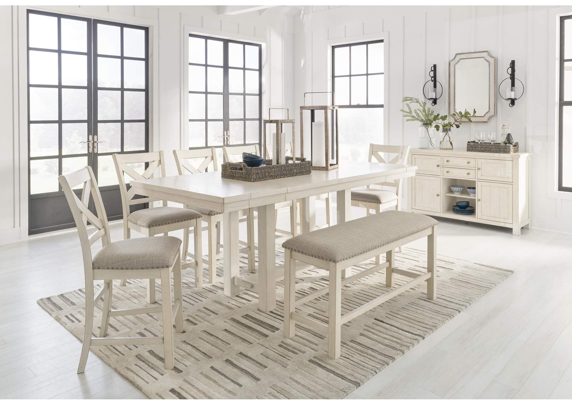 Robbinsdale Counter Height Extendable Dining Table and 6 Barstools and Bench with Storage