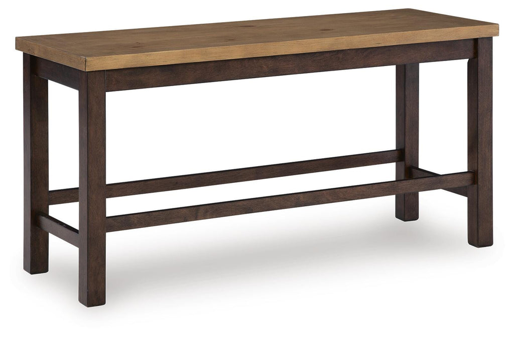 Rylandeen Counter Height Dining Bench in Light Brown/Dark Brown, angle view