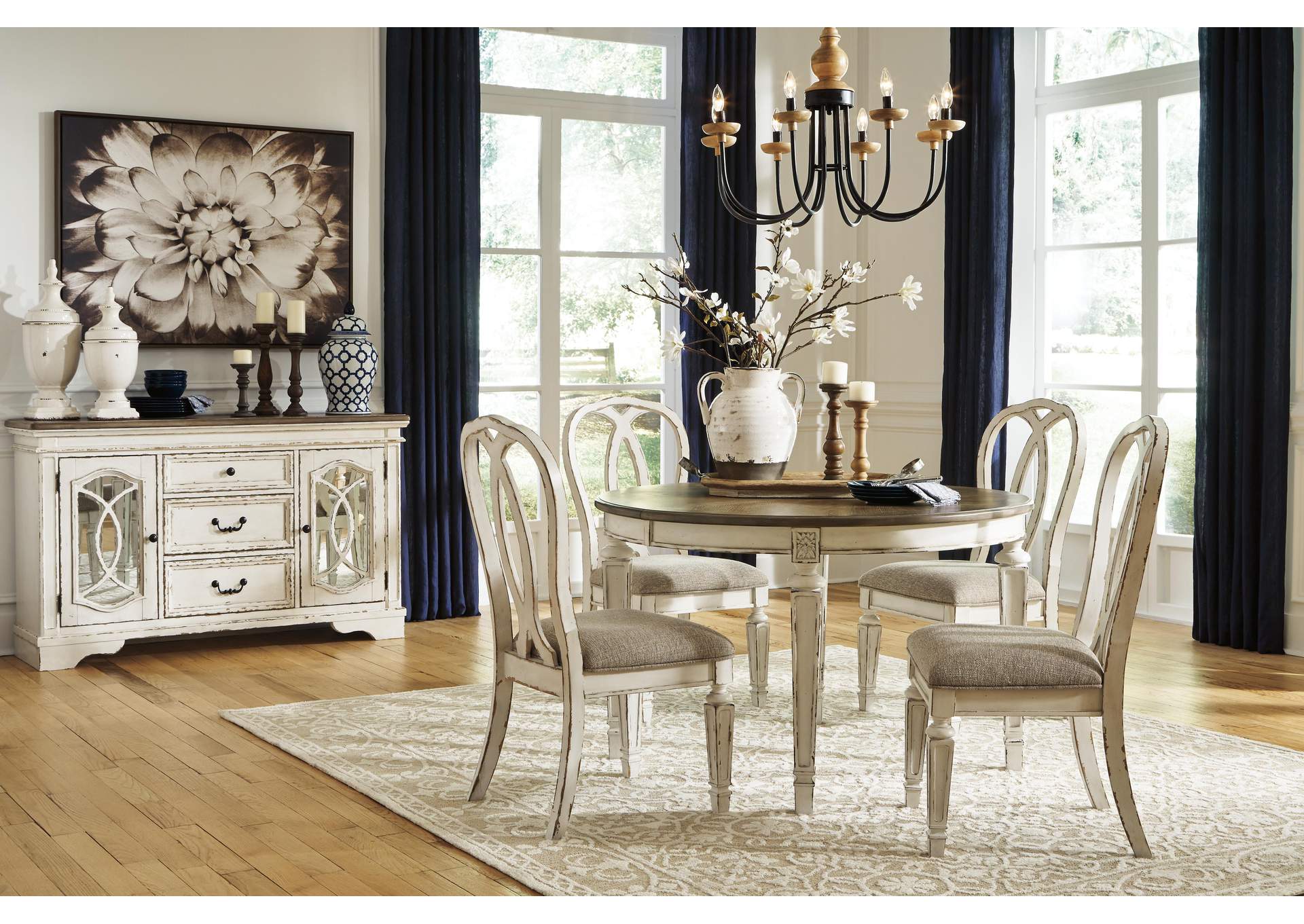 Realyn Extendable Dining Table and 4 Ribbon Back Chairs room view