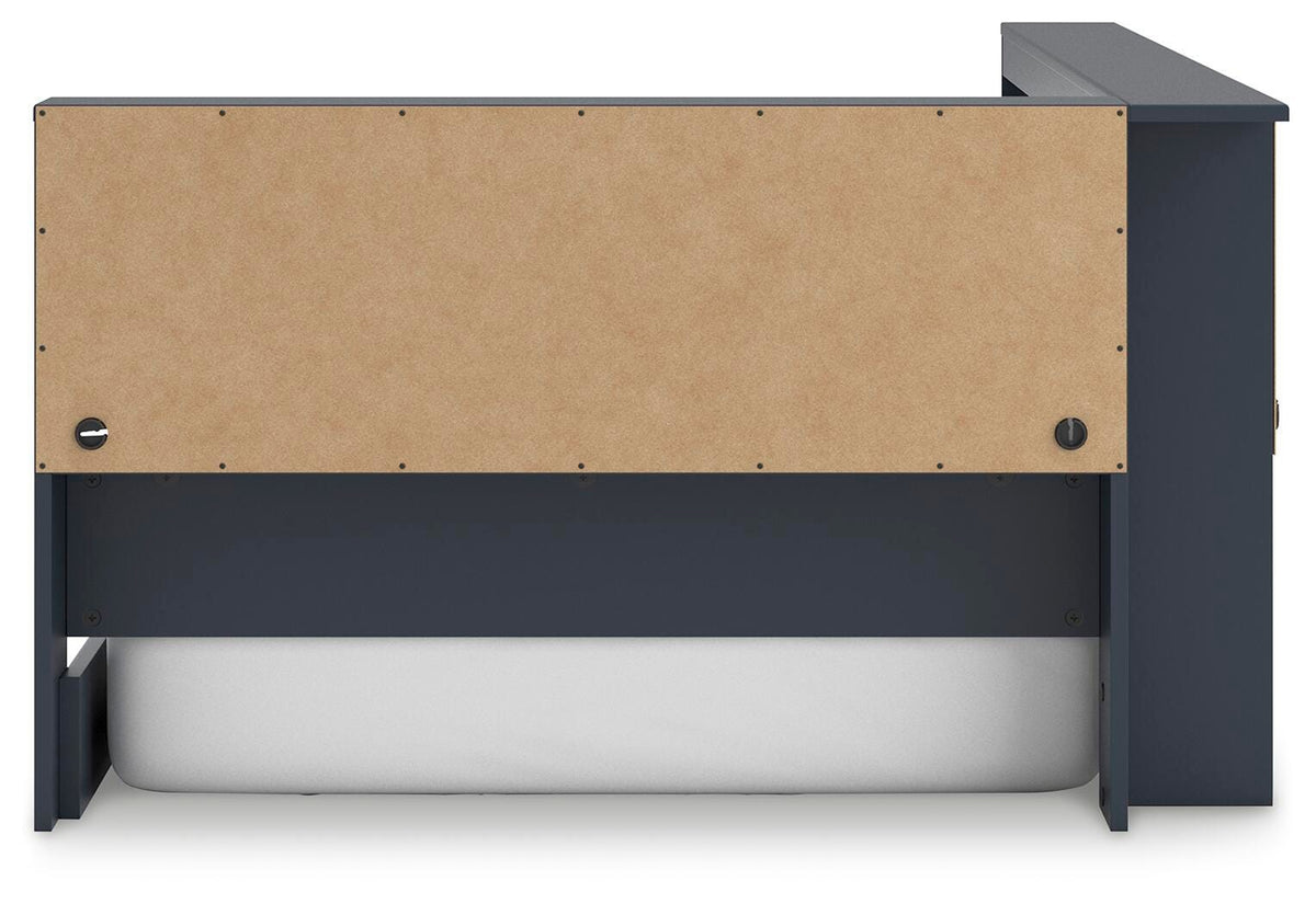 Simmenfort Twin Bookcase Storage Bed in Navy Blue, back view