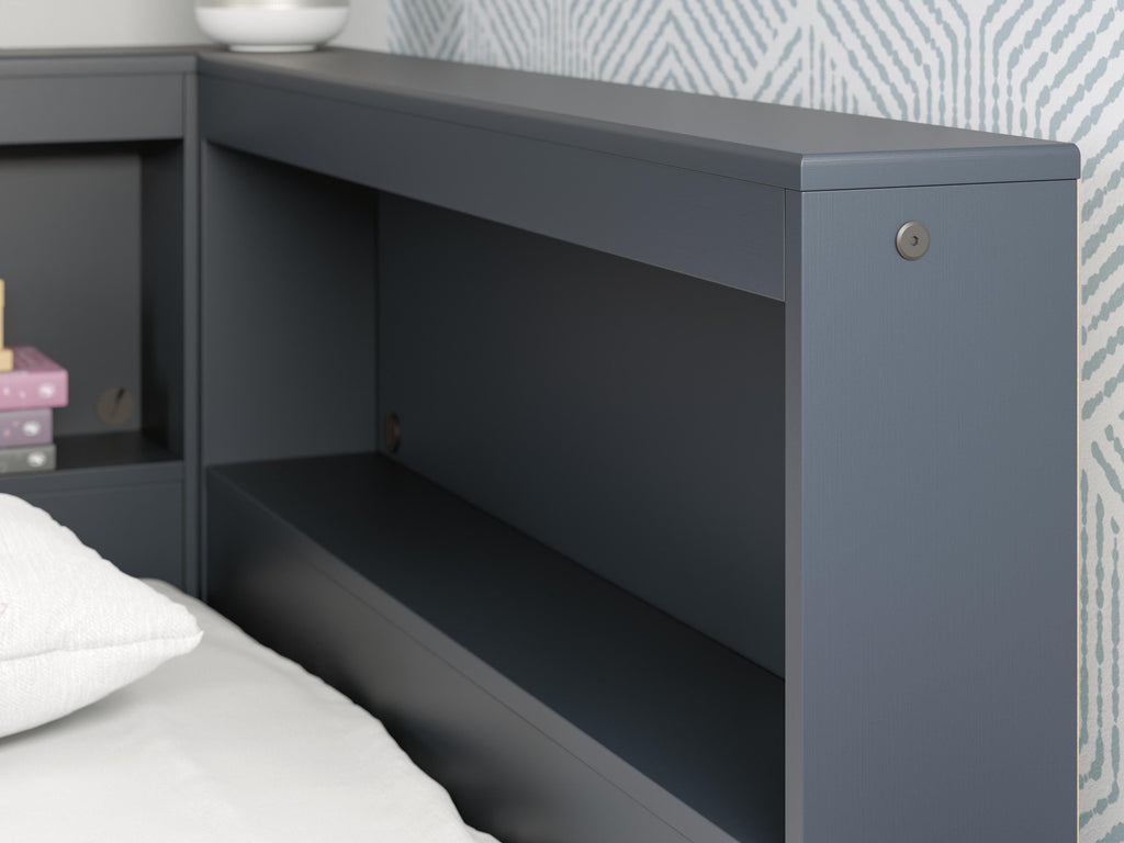 Simmenfort Twin Bookcase Storage Bed in Navy Blue, detail view
