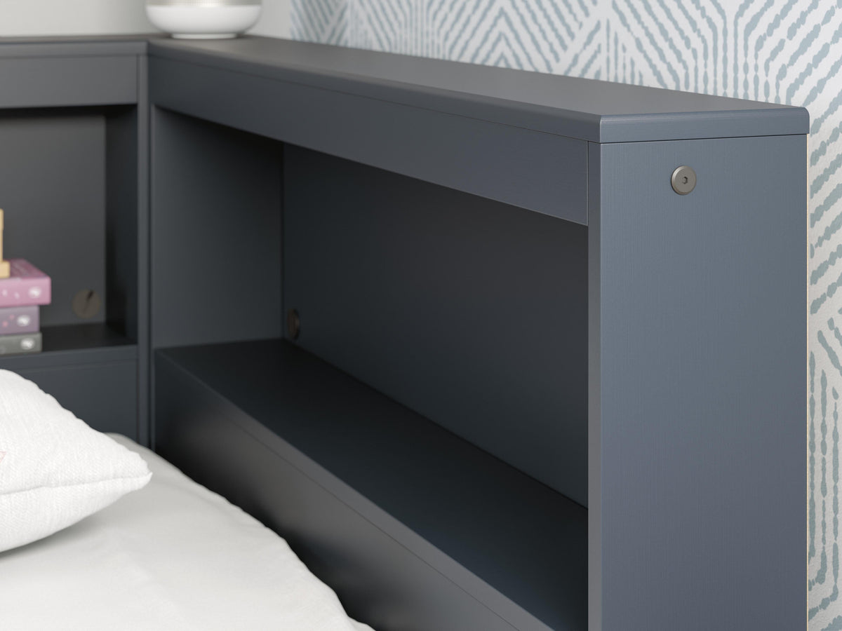 Simmenfort Twin Bookcase Storage Bed in Navy Blue, detail view