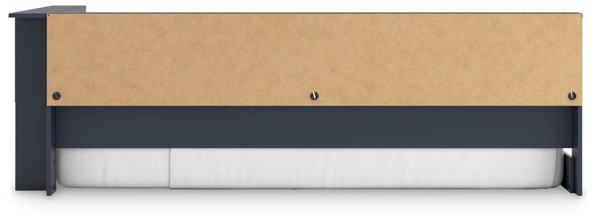 Simmenfort Twin Bookcase Storage Bed in Navy Blue, side view