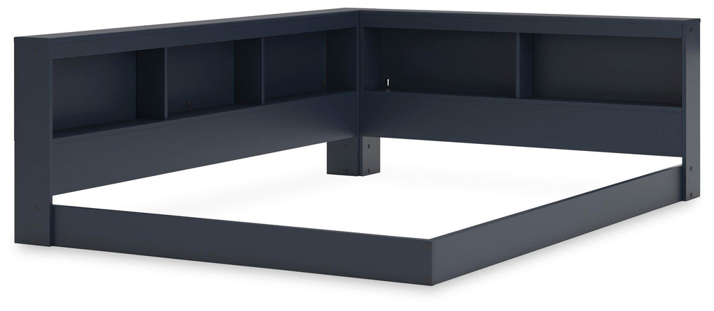 Simmenfort Full Bookcase Storage Bed in Navy Blue, angle view