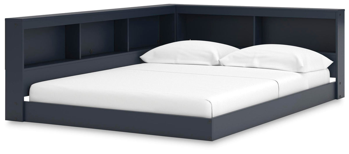 Simmenfort Full Bookcase Storage Bed in Navy Blue, angle view