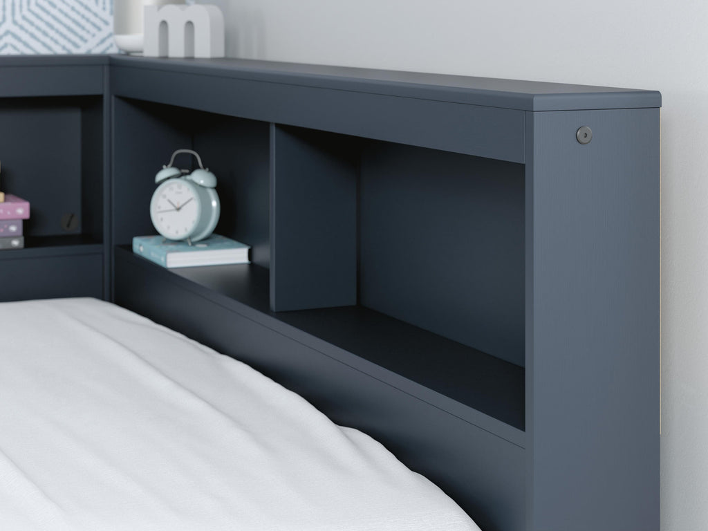 Simmenfort Full Bookcase Storage Bed in Navy Blue, detail view