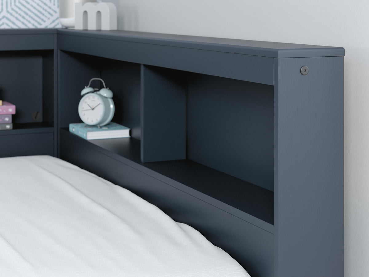 Simmenfort Full Bookcase Storage Bed in Navy Blue, detail view
