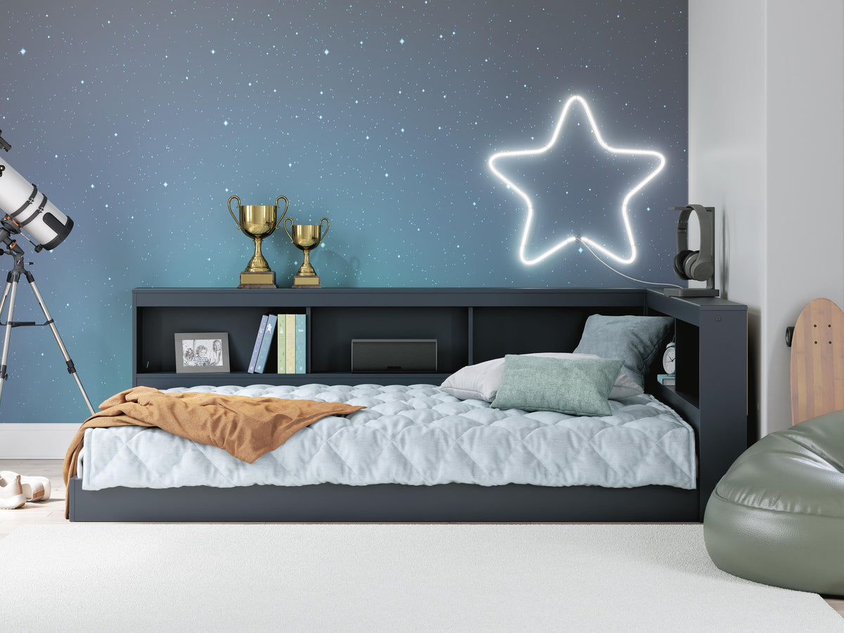 Simmenfort Full Bookcase Storage Bed in Navy Blue, lifestyle view