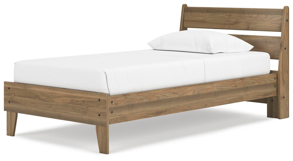 Deanlow Twin Platform Panel Bed in Honey, angle view