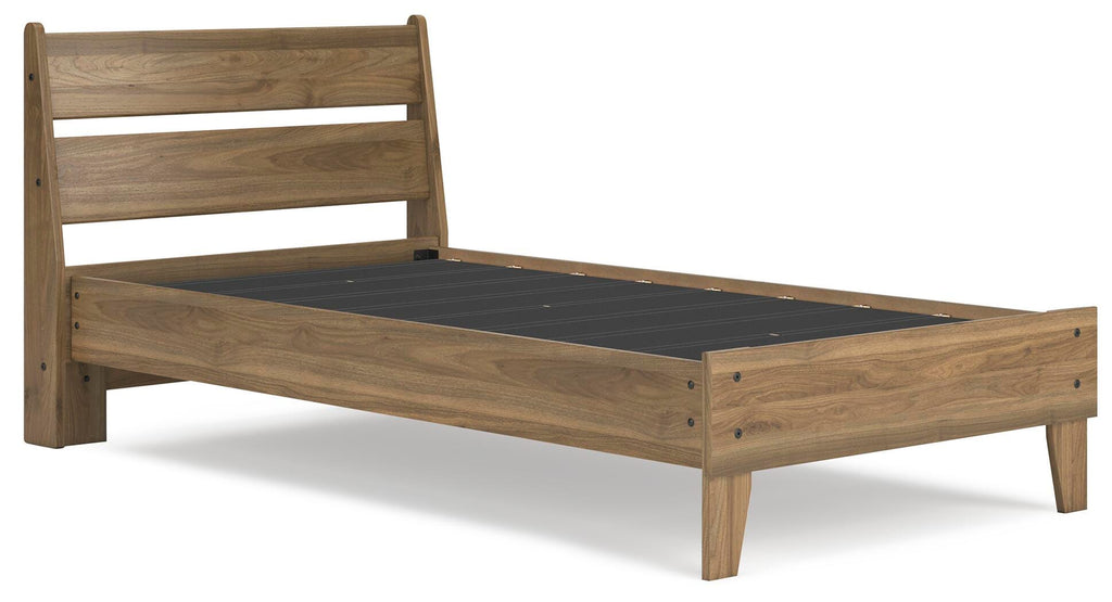Deanlow Twin Platform Panel Bed in Honey, angle view