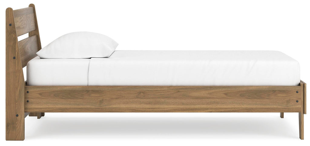 Deanlow Twin Platform Panel Bed in Honey, side view