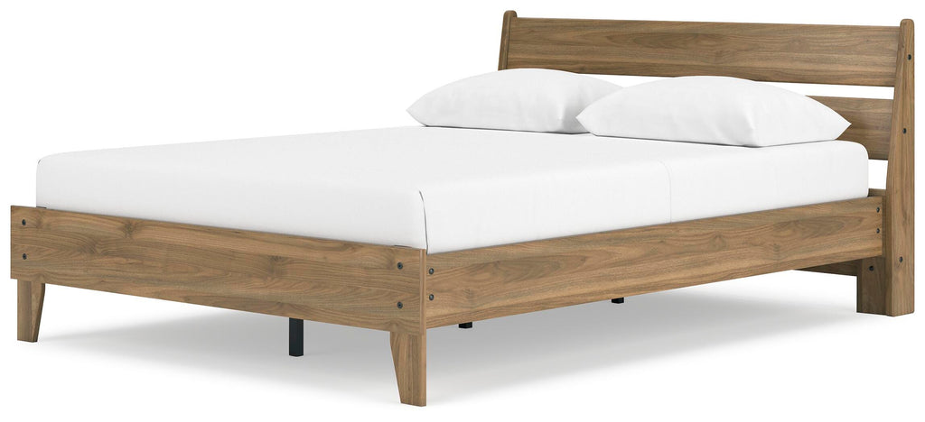 Deanlow Queen Platform Panel Bed in Honey, angle view