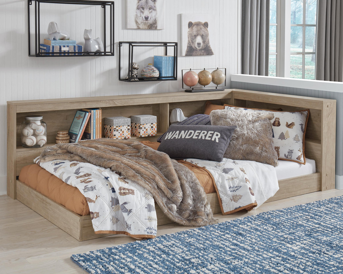 Oliah Twin Bookcase Storage Bed in Natural, lifestyle view