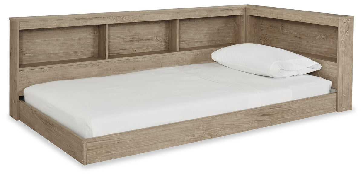 Oliah Twin Bookcase Storage Bed in Natural, angle view