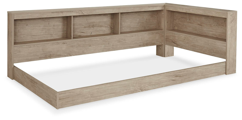 Oliah Twin Bookcase Storage Bed in Natural, angle view