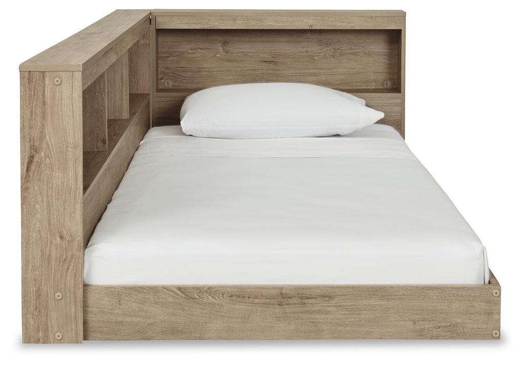 Oliah Twin Bookcase Storage Bed in Natural, side view