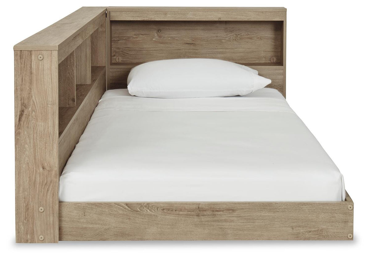 Oliah Twin Bookcase Storage Bed in Natural, side view