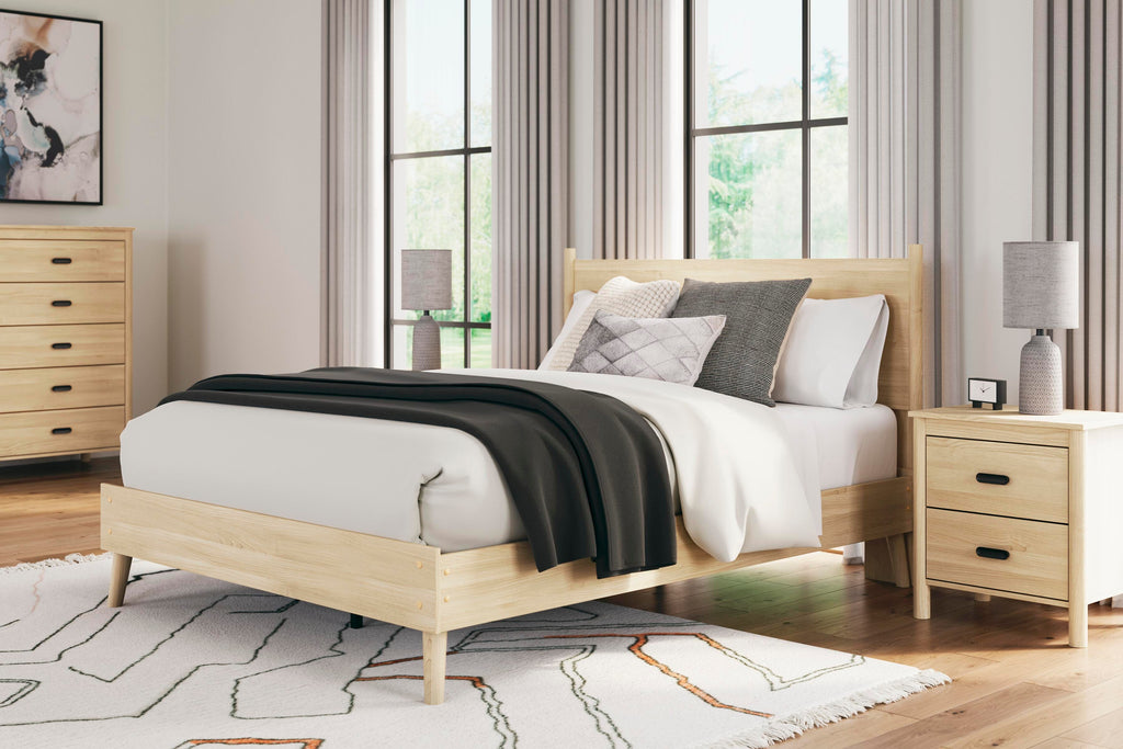 Cabinella Queen Platform Panel Bed in Tan, lifestyle view