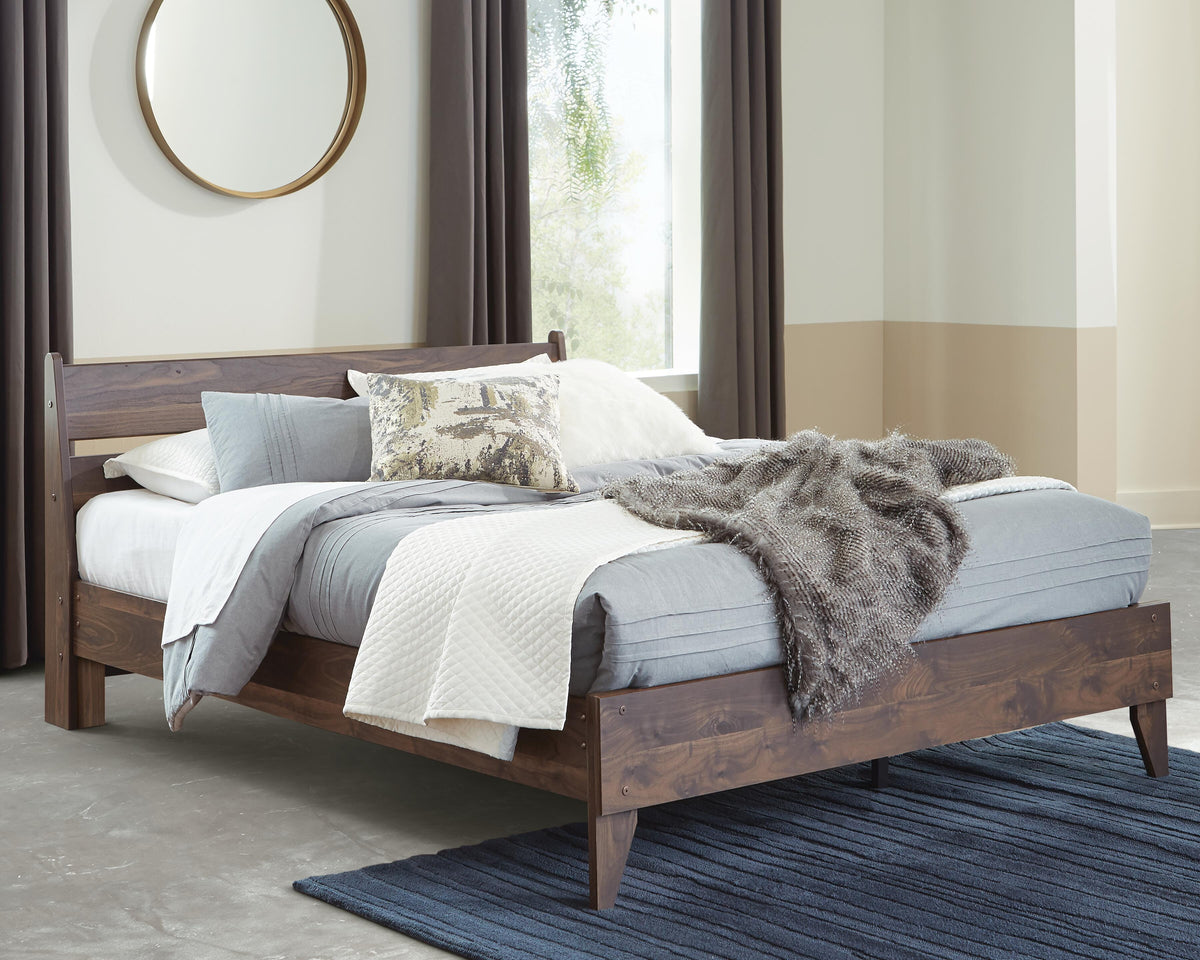 Calverson Queen Panel Platform Bed in Mocha, lifestyle view