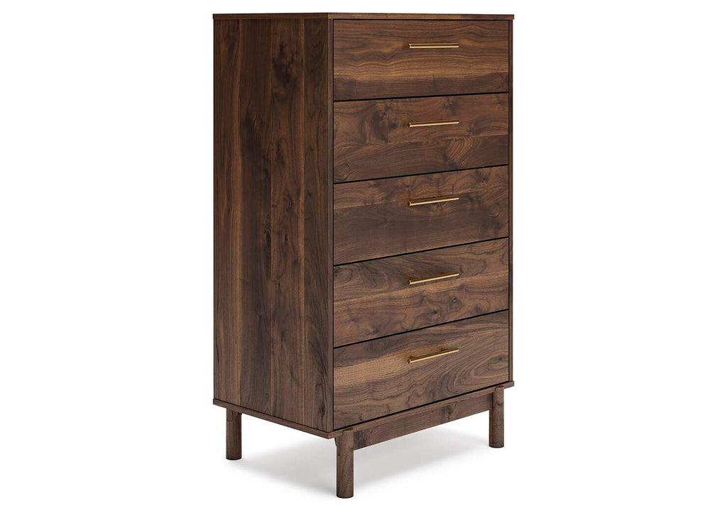 Calverson Queen Platform Bed, Dresser and Chest angled view