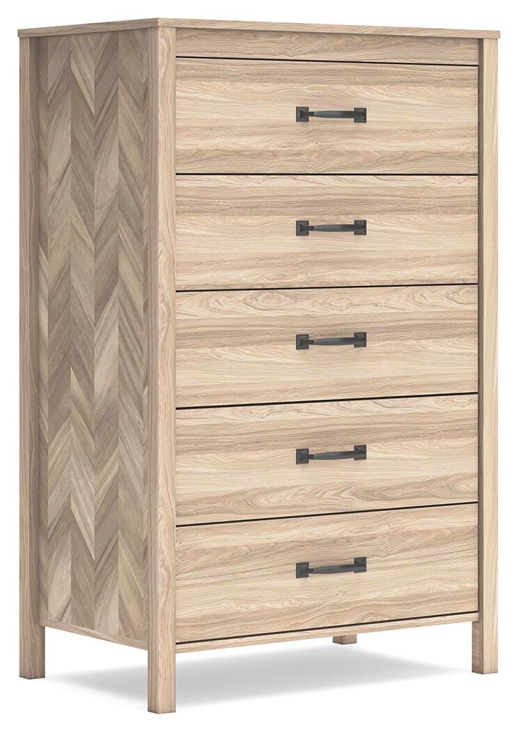 Battelle Chest of Drawers in Tan, angle view