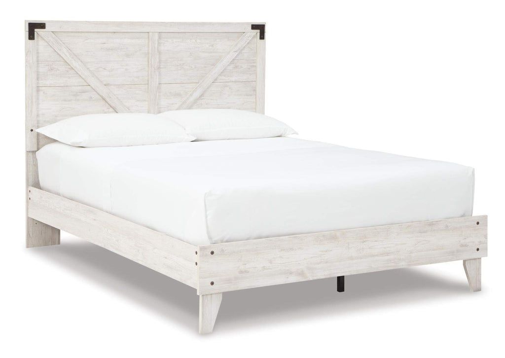 Shawburn Queen Crossbuck Panel Platform Bed and 2 Nightstands angled view