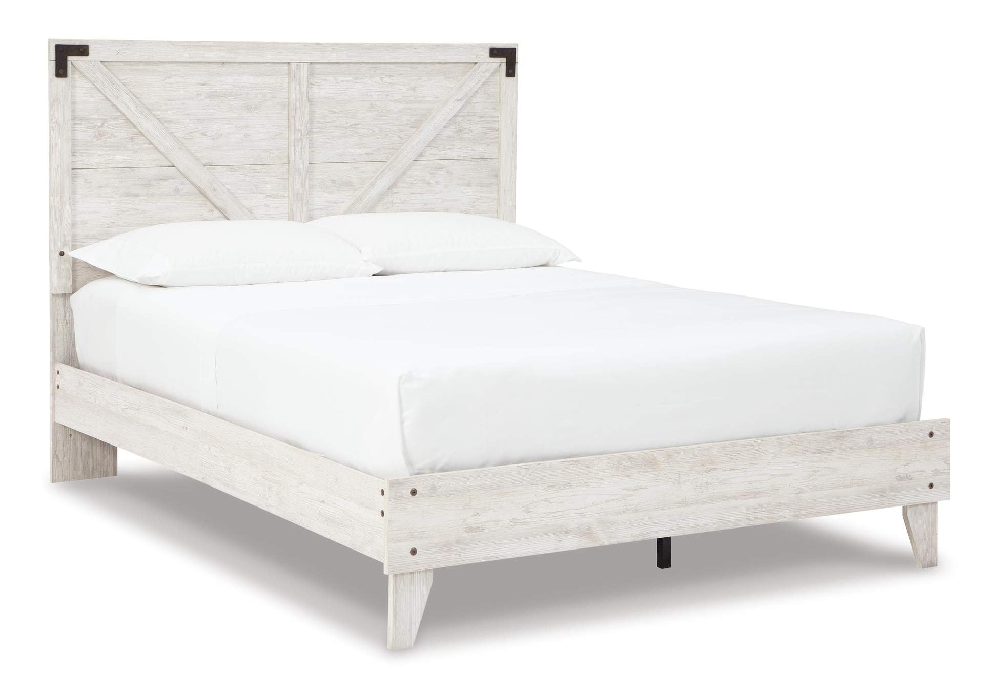 Shawburn Queen Crossbuck Panel Platform Bed and 2 Nightstands angled view