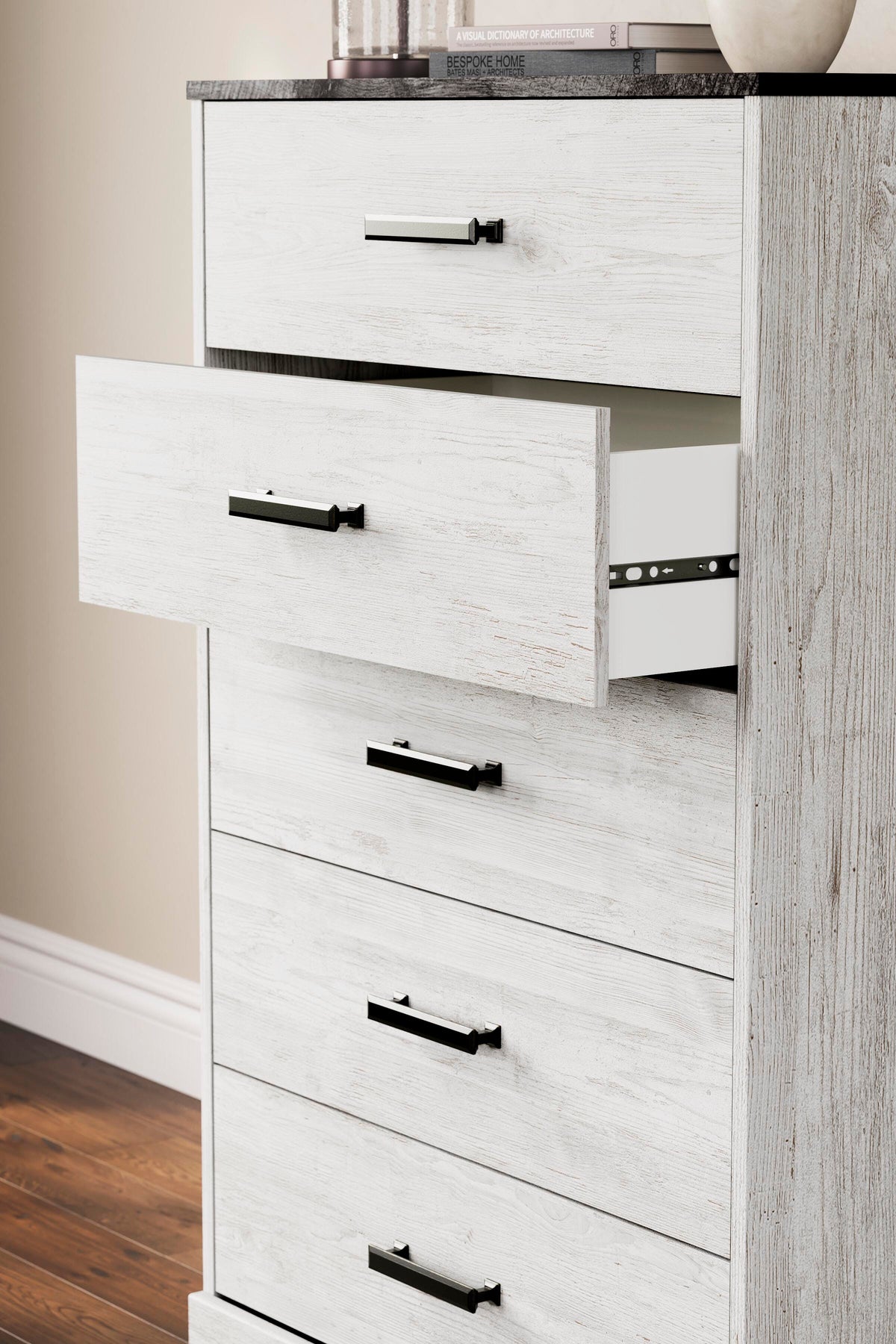 Shawburn Chest of Drawers in Whitewash/Charcoal Gray, detail view