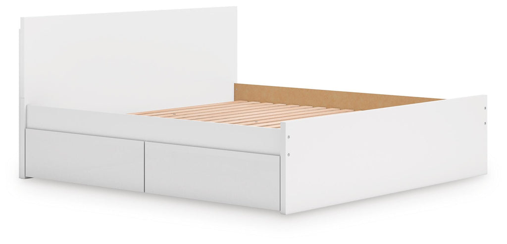 Onita King Panel Platform Bed with Storage in White, angle view