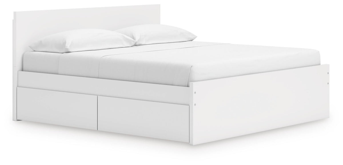 Onita King Panel Platform Bed with Storage in White, angle view