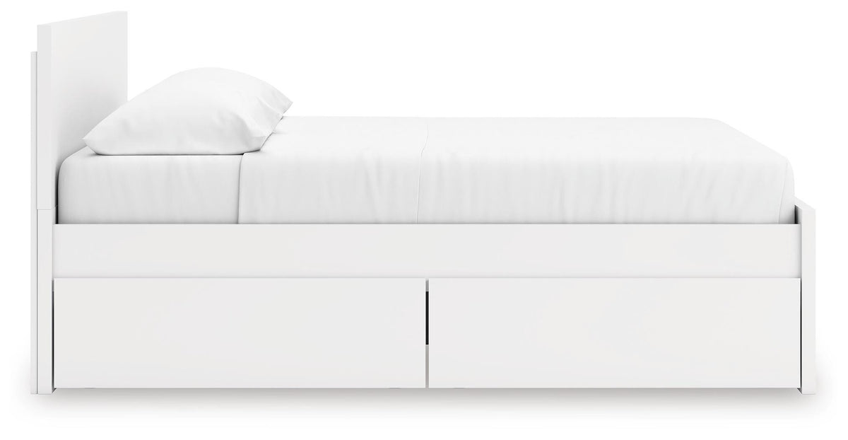 Onita King Panel Platform Bed with Storage in White, side view