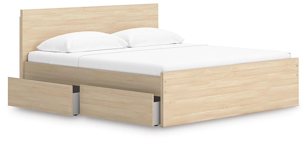 Onita King Panel Platform Bed with 1 Side Storage in Natural, open view
