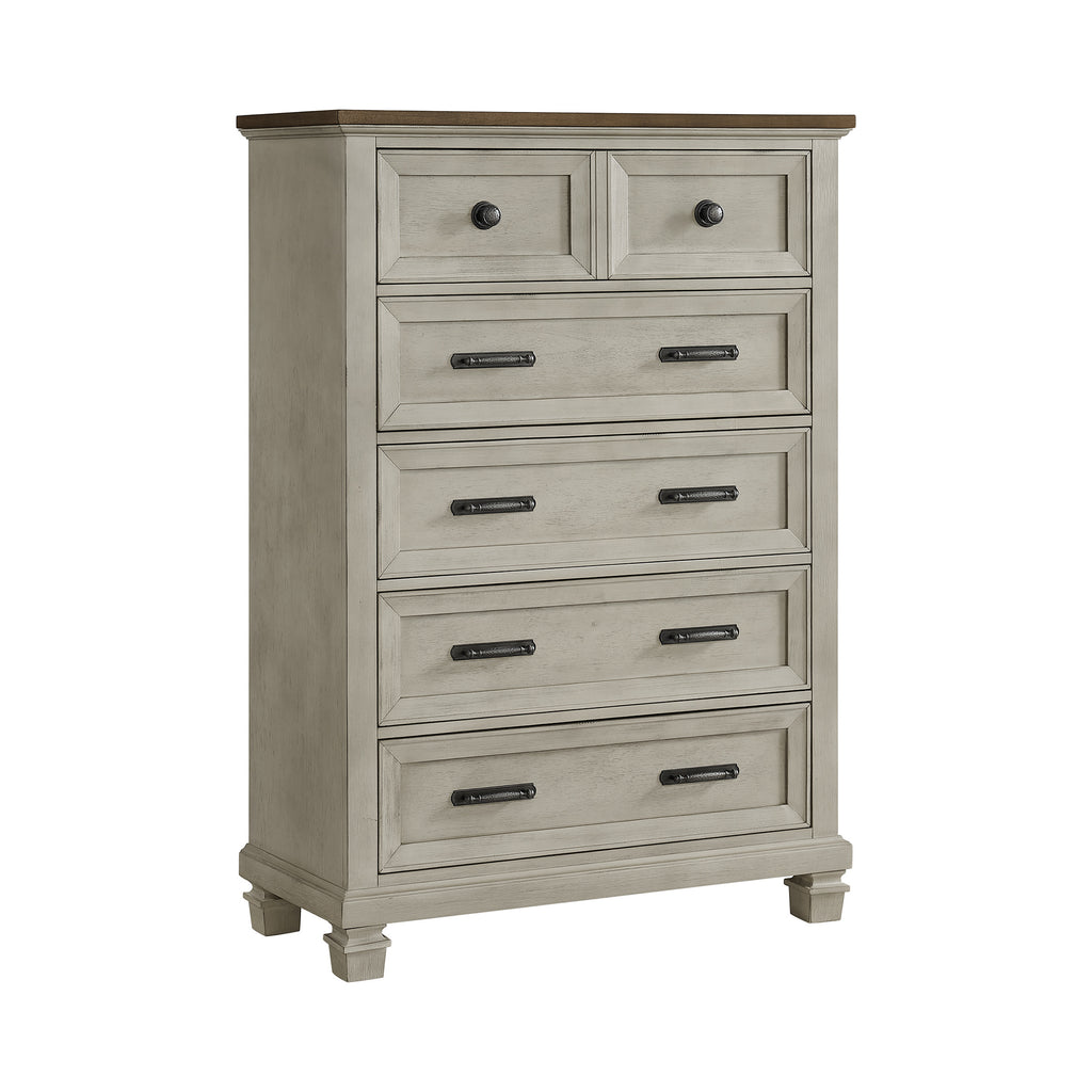 Farmington 5-Drawer Chest In Medium Brown And Washed Stone
