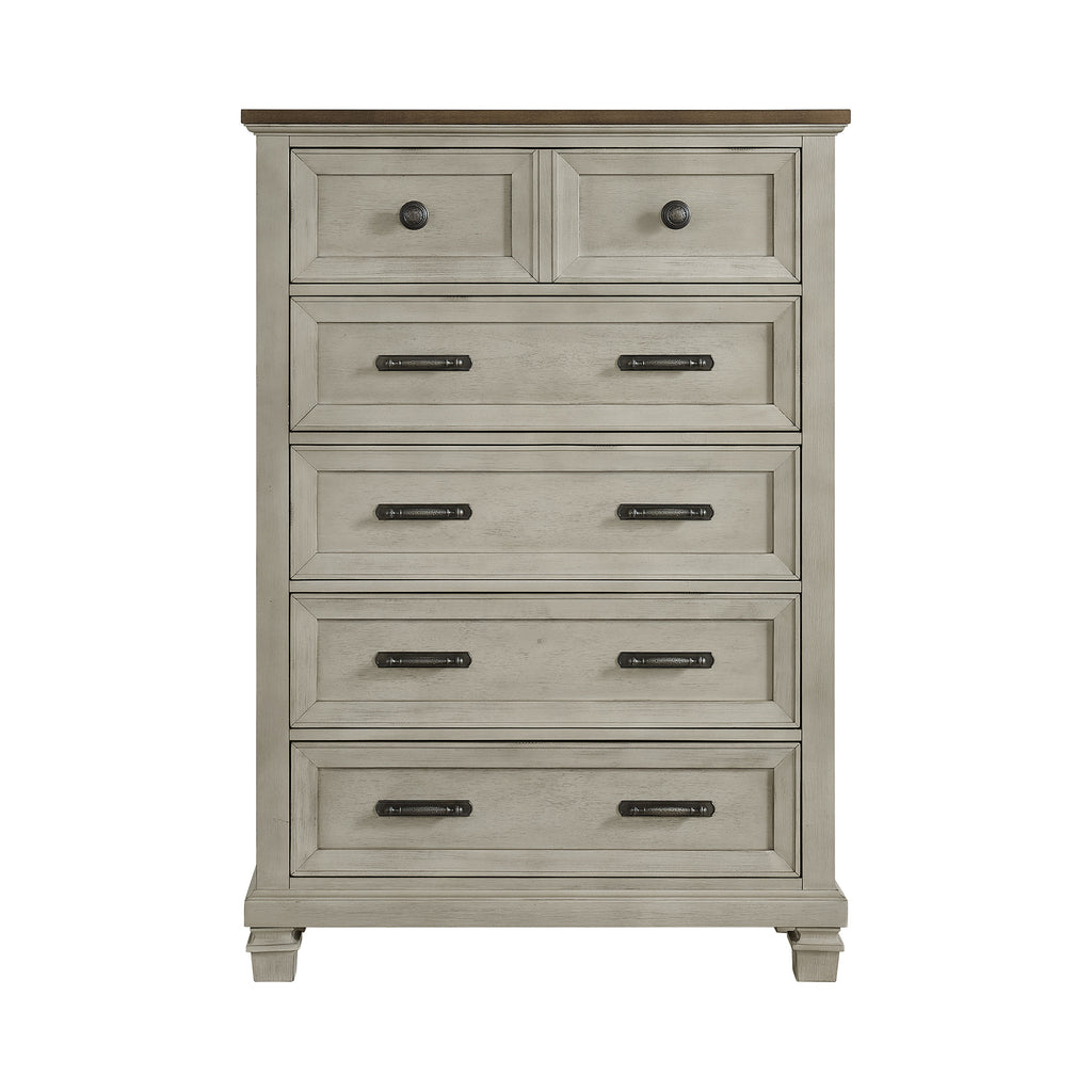 Farmington 5-Drawer Chest In Medium Brown And Washed Stone