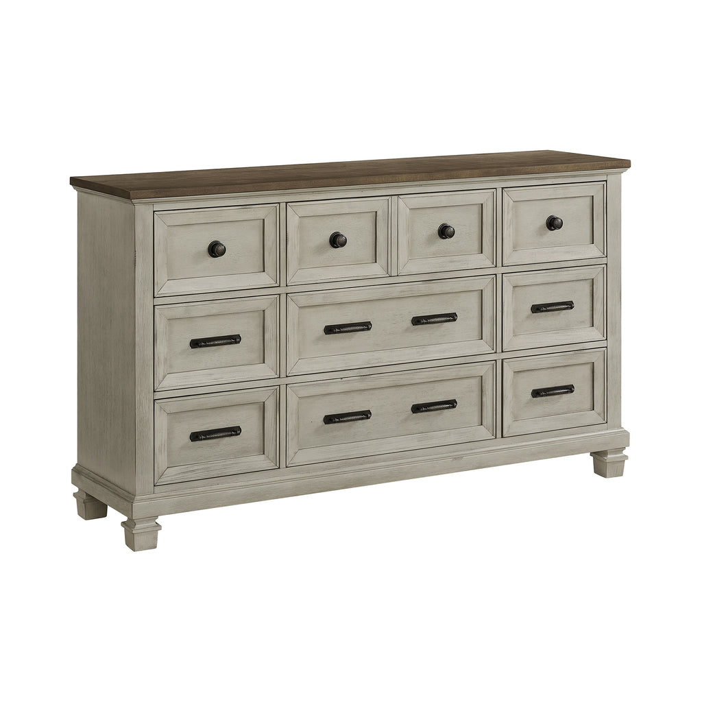 Farmington 9-Drawer Dresser In Medium Brown And Washed Stone