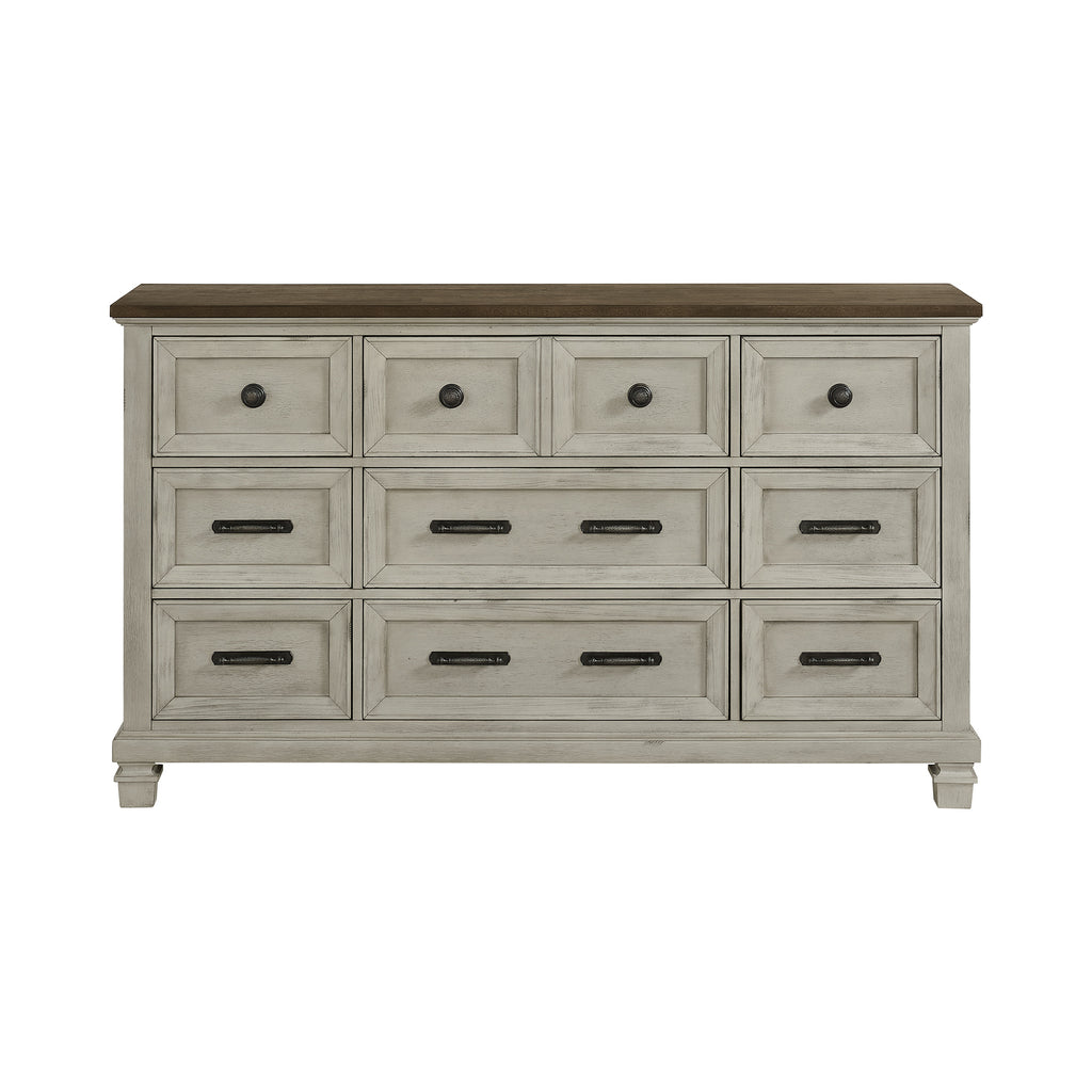 Farmington 9-Drawer Dresser In Medium Brown And Washed Stone