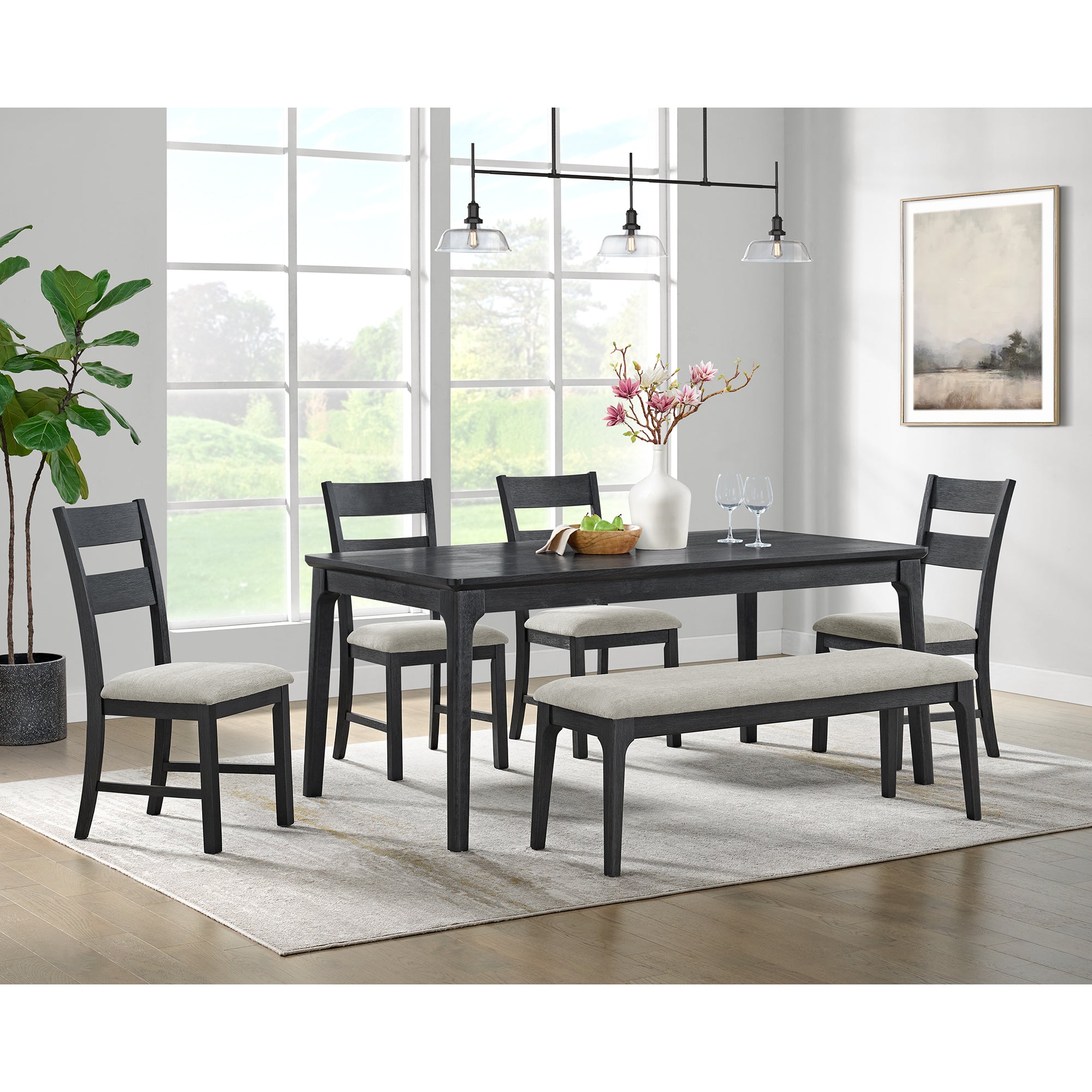 Garcia 6Pc Dining Set With Table, 4 Chairs, And Bench In Black