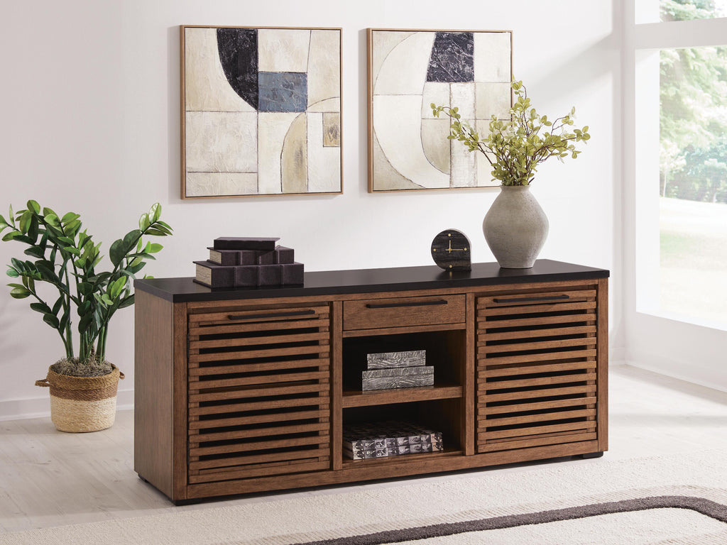 Kallari Credenza in Warm Brown/Black, lifestyle view